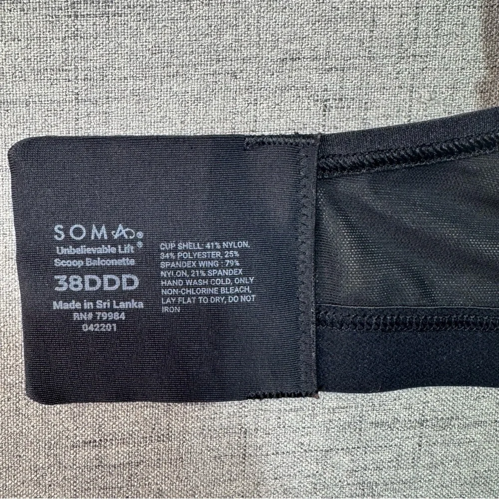 Soma Unbelievable Lift Scoop Balconette Bra Black Size 38DDD New